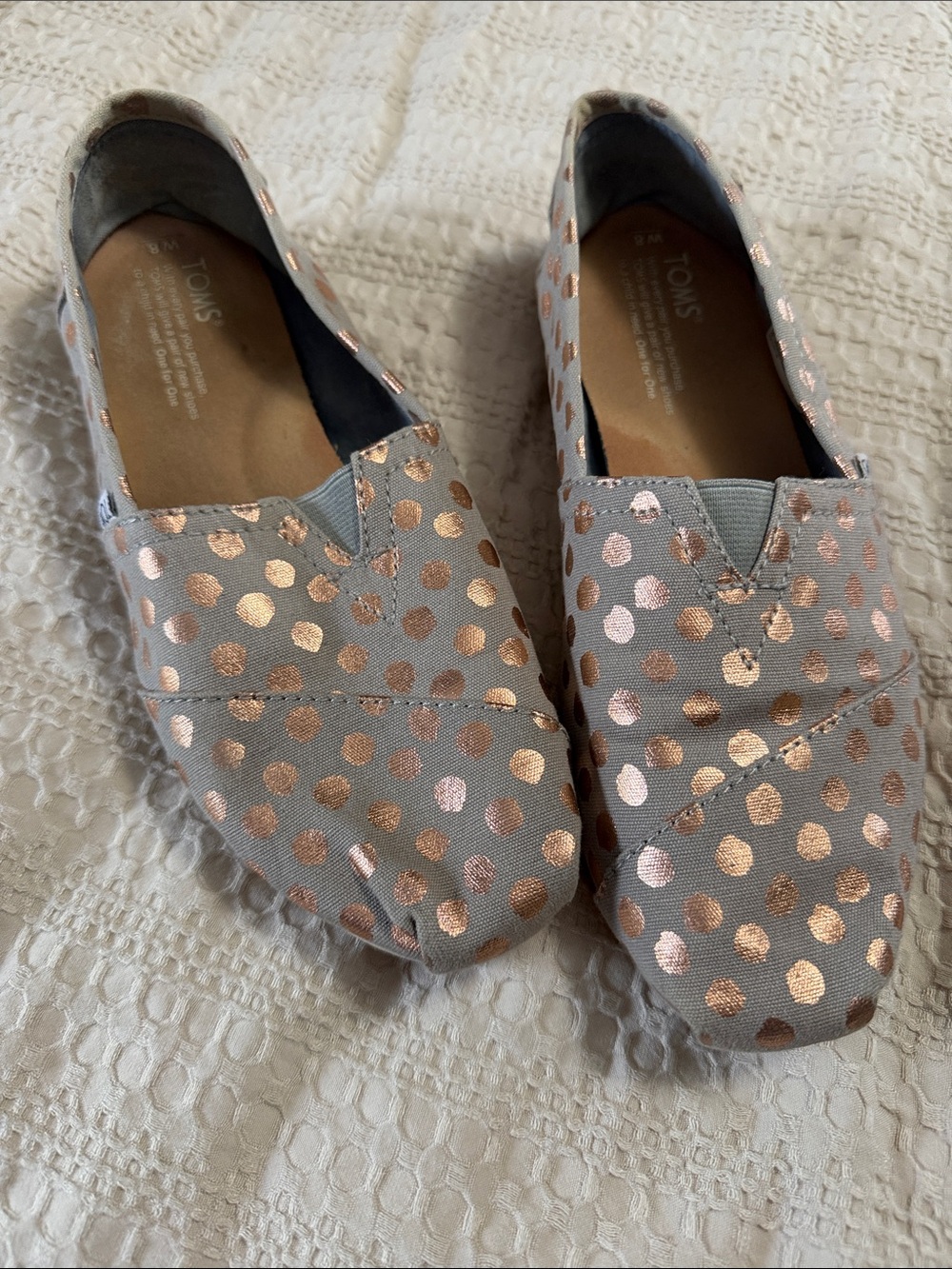 Toms Gray Canvas Slip-On Flats with Rose Gold Polka Dots